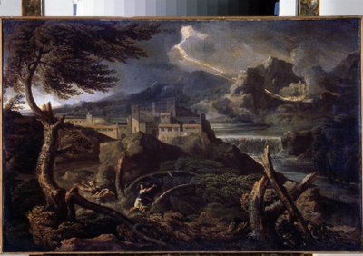 ""Paysage aux eclairs"" (Landskap med blixt) Målning av Gaspard Dughet (1615-1675) 1670 ca Dim. 40x62,5 cm Eremitagemuseet, Sankt Petersburg (Sankt-Petersburg) av Gaspard Poussin Dughet