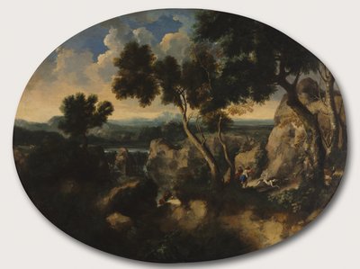 Stenigt landskap med jägare, c.1635 av Gaspard Poussin Dughet