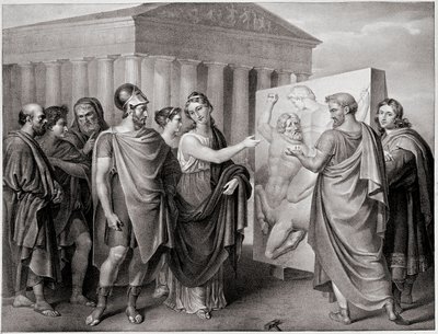 Atenske politikern Pericles (495-429 f.Kr.) och Aspasie hans följeslagare regisserar Phidias arbete för Parthenon a Athenes (Pericles och Aspasia regisserar Phidias arbete för Parthenon i Aten) Gravyr efter en målning av Gaspare Landi (1756-1830). 19:e av Gaspare Landi