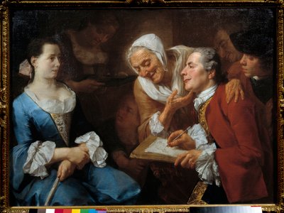 En målare och hans modell, bakom honom sträcker en gammal kvinna på nacken för att titta på hennes teckning. Målning av Gaspare Traversi (1732- 1769) 1754 Sön. 0,99x0,73 m av Gaspare Traversi