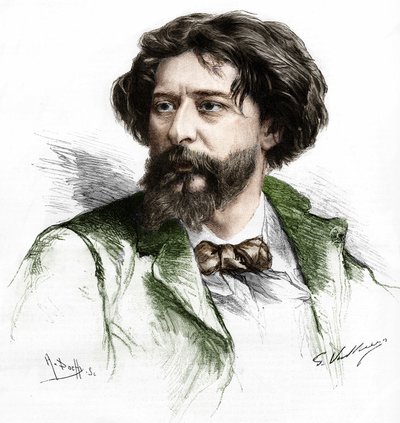 Porträtt av Alphonse Daudet (1840-1897), fransk författare. Gravyr av A. Pochy efter Gaston Vuillier, sd. sent 1800-tal. av Gaston (after) Vuillier