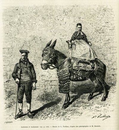 Andorra och Andorra. Gravyr av G.Vuillier, för att illustrera berättelsen Le val d