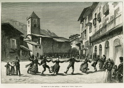 Danser på torget. Gravyr av G.Vuillier, för att illustrera berättelsen Le val d