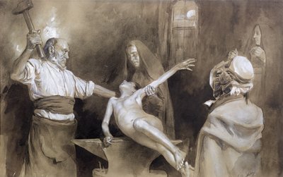 Hammering the Spleen (penna och tvätt på papper) av Gaston Vuillier