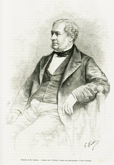 Porträtt av Edouard Charton. Gravyr av G.Vuillier, efter ett fotografi av Adam Salomon, för att illustrera artikeln med titeln M. Charton av Paul Laffite i le tour du monde 1890, redigerad av Edouard Charton (1807-1890), Hachette, Paris. av Gaston Vuillier