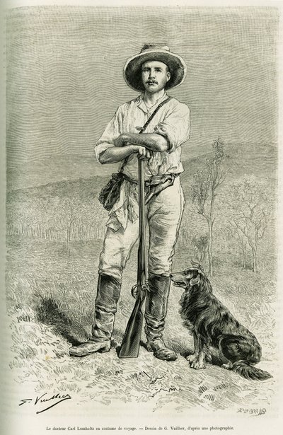 Porträtt av resenärförfattaren Carl Lumholtz. Gravyr av G.Vuillier, för att illustrera historien Chez les cannibales, resa i nordöstra Australien av Gaston Vuillier