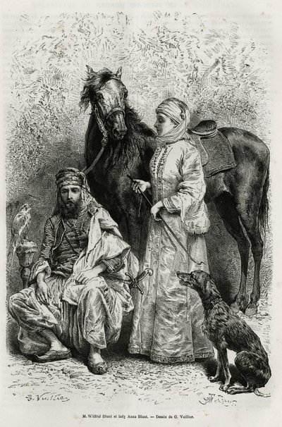 Porträtt av Mr. Wilfrid Blunt (1840-1922), poet och författare, och hans fru, Lady Anna Blunt (nee King Noel (King Noel) 1837-1917), den första europeiska kvinnan att utforska Mellanöstern, iklädd resedräkt , framför en av arabhästarna i deras stall av Gaston Vuillier