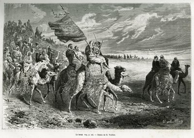 Berak, Emir Ibn Al Rashids flagga (1872-1890) (Saudiarabien). Gravyr av G. Vuillier, för att illustrera berättelsen "" pelerinage au Nedjed, den arabiska rasens vagga"", av Lady Anna Blunt, 1878-1879, publicerad i Tour du monde, under ledning av Gaston Vuillier