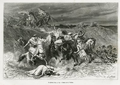 Ghazou, eller razzia, plundrar med en hand. Gravyr av G. Vuillier, för att illustrera berättelsen "" pelerinage au Nedjed, den arabiska rasens vagga"", av Lady Anna Blunt, 1878-1879, publicerad i Tour du monde, under ledning av Edouard Charton (1807- av Gaston Vuillier