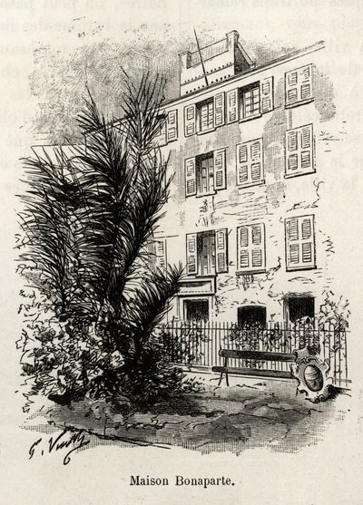 Fasaden på huset Bonaparte, där Napoleon Bonaparte (1769-1821) inte är. Gravyr och berättelse "" La Corse"" av Gaston Vuillier (1845-1915), 1890, i Le tour du monde, nouveau journal des voyages, under ledning av Edouard Charton (1807-189) av Gaston Vuillier
