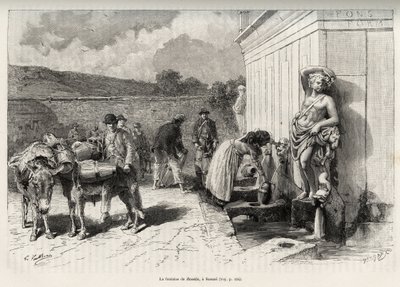 Fontänen av Rossello, i Sassari (Italien). Dagliga aktiviteter, kvinna som fyller en criche och vattenbärare med sina åsnor, fyller sina tunnor. Gravyr och berättelse "" La Sardaigne"" av Gaston Vuillier (1845-1915), 1890, i Le tour du monde, nouv av Gaston Vuillier