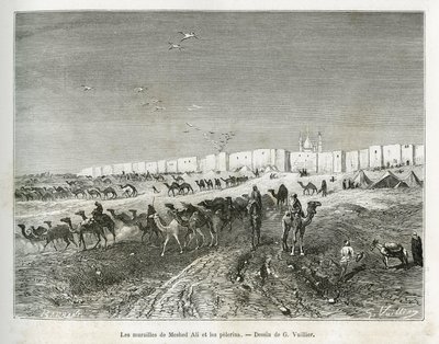Meshed Alis väggar (Ali Ibn Abi Talib, död 661, kusin, lärjunge och svärson till Muhammed (570-632)) ligger i moskén i Najaf (Irak) och pelerinerna samlas för att fira den första och alla imamers far. Gravyr av G.Vuillier, till il av Gaston Vuillier