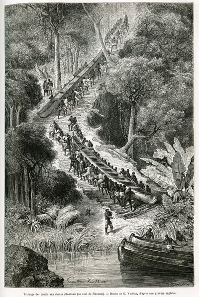 Traggande kanoter vid Innkissi Falls (eller Livingstone Falls) (Kongo), under ledning av Sir H.M.Stanley (1841-1904), teckning av G. Vuillier, för att illustrera historien "Through the Mysterious Continent", en resa som gjordes mellan 1874 -1877, av Sir H. av Gaston Vuillier