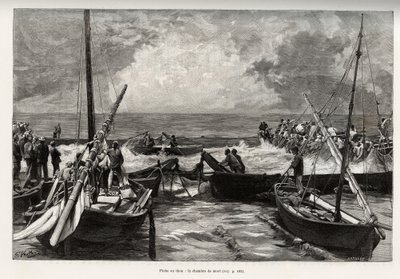 Tonfiskfiske (mattanza): dödskammaren, tonfiskpressar i ett trångt utrymme täcks av fiskarnas harpuner. Gravyr och berättelse "" La Sardaigne"" av Gaston Vuillier (1845-1915), 1890, i Le tour du monde, nouveau journal des voyages, under t. av Gaston Vuillier