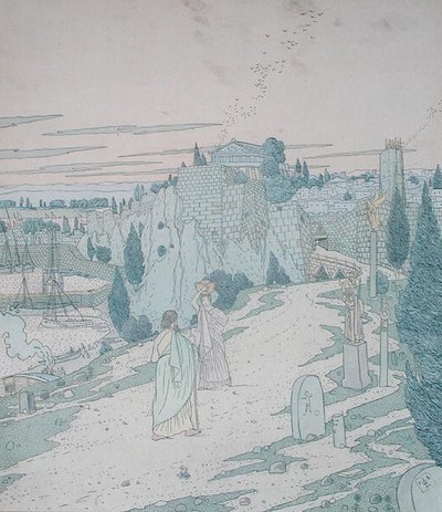 Odysseus möter gudinnan Minerva förklädd till en flicka med en kanna, illustration från bok 6 i Odysséen, översatt av Lecomte de l