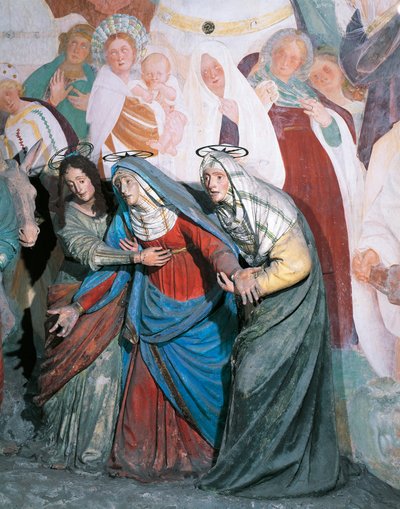 Statyer av heliga kvinnor som följer Kristus, detalj från korsfästelsen av Gaudenzio Ferrari (1475-1546), kapell XXXVIII, Heliga berget Varallo Sesia (UNESCO:s världsarvslista, 2003), Italien av Gaudenzio Ferrari