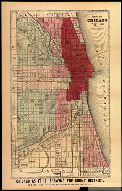 Chicago As It Is, Showing the Burnt District, från History of the Great Fires in Chicago and the West av Edgar Johnson Goodspeed, publicerad Chicago, 1871 (handfärgad lito) av Gaylord Watson