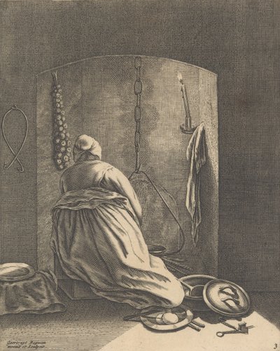 A Woman Cooking, tallrik 3 från Fem feminina yrken, ca. 1640-57., ca. 1640-57. av Geertruydt Roghman
