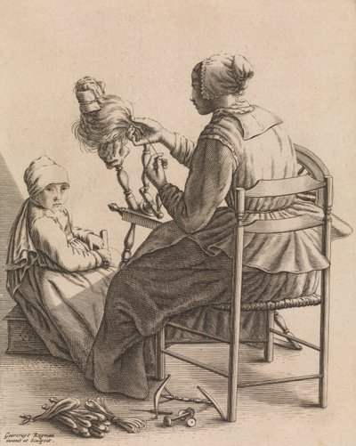 A Woman Spinning, tallrik 4 från Five Feminine Occupations, ca. 1640-57. av Geertruydt Roghman