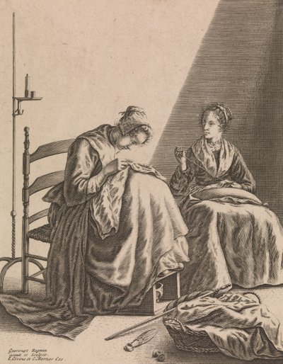 Two Women Sewing, Tallrik 1 från Five Feminine Occupations, ca. 1640-57. av Geertruydt Roghman