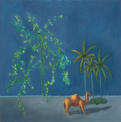 Kamel och två träd, 2019 (olja på pannå) av Genevieve French