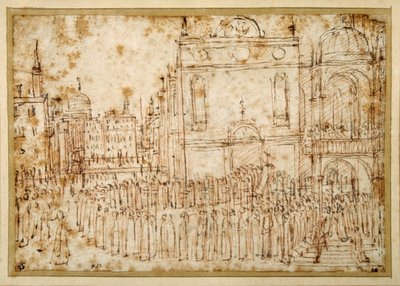En venetiansk procession som rör sig från en scuola till en flankerande kyrka (penna och bläck över krita på papper) av Gentile Bellini