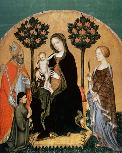 Madonna med barn och Saint Catherine, Saint Nicolas and Donor (tempera på panel) av Gentile da Fabriano