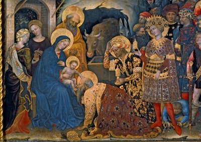 The Adoration of the Magi, detalj av Jungfru och Barn med tre kungar, 1423 tempera på panel av Gentile da Fabriano