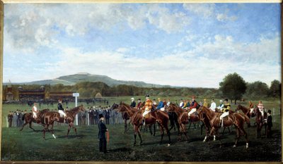 Avresa i Longchamp som gavs av Baron Foy 1877. Sätta upp hästar i början av ett lopp på kapplöpningsbanan. Målning av Geo Arnull (1800-talet) 1877. Paris, Societe-uppmuntran av Geo Arnull