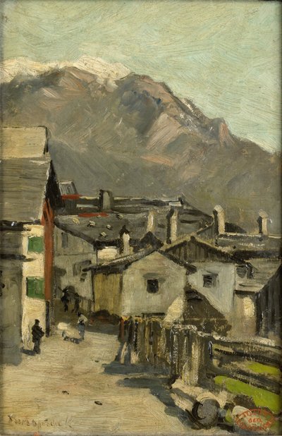 Hus längs en väg nära ett berg (Innsbruck?) av Geo Poggenbeek