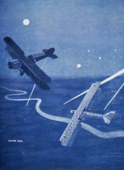 Bristol fighter attackerar tyska Gotha bombplan över London på natten (färg litho) av Geoffrey Watson