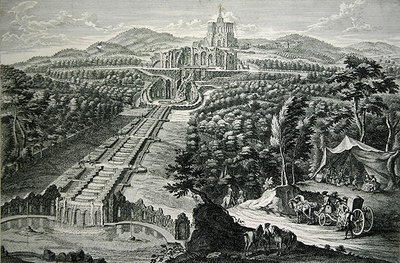 Utsikt över oktagonen och kaskaderna, graverad av W.C. Mayr (koppargravyr & etsning) av Georg (after) Finck or Fuenck