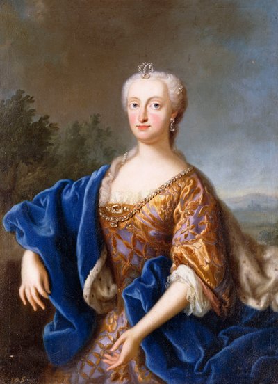 Porträtt av Maria Amalia, stående tre fjärdedels längd, iklädd en broderad klänning (olja på duk) av Georg (circle of) Desmarees