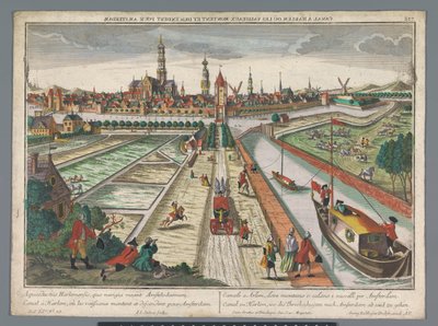 Utsikt över Amsterdamkanalen i Haarlem Canal zu Harlem, wed die Threckschuijten efter Amsterdam ab und zu gehen (titel på objekt) Haarlem (serietitel) av Georg Balthasar Probst
