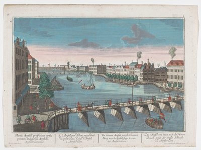 Utsikt över Binnen-Amstel mellan Blauwbrug och Hogesluis i Amsterdam Die Amstel von inom nach der blauen Brücke gegen der Wasser Schleuße zu Amsterdam (titel på objekt) Amsterdam (serietitel) av Georg Balthasar Probst