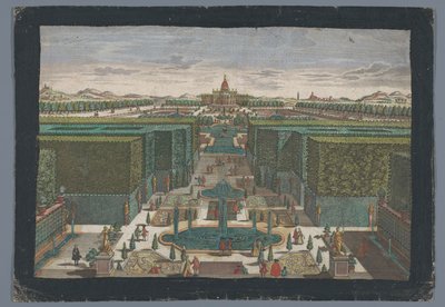 Utsikt över en allé på vänster sida av en trädgård Spaziergang zur lincken Seite des Lust-Gartens (titel på objekt) av Georg Balthasar Probst