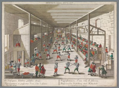Utsikt över en fäktskola Perspectivische Vorstellung einer Fechtschule (titel på objekt) Turnerings- och fäktskolor (serietitel) av Georg Balthasar Probst