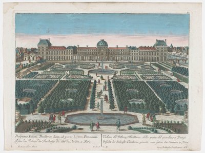 Utsikt över Palais des Tuileries i Paris sett från Jardin des Tuileries Gesicht des Pallasts Thuilleries genannt, av seiten des Gartens zu Paris (titel på objekt) Paris (serietitel) av Georg Balthasar Probst