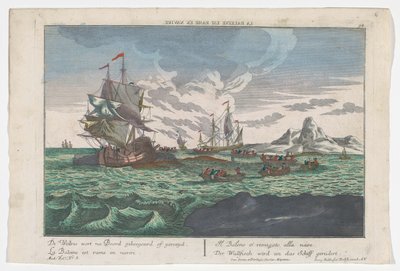 Utsikt över valarnas rodd till fartygen Der Wallfisch wird an das Schiff gerudert (titel på objekt) Valfångst utanför Grönland (serietitel) av Georg Balthasar Probst