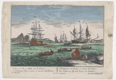 Vy över sökandet efter valarna Das Seeglen ins Eiß, und Suchen des Wallfisches (titel på objekt) Valfångst utanför Grönland (serietitel) av Georg Balthasar Probst