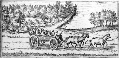 Buss med passagerare i Frankrike, detalj av en karta, sent 1500-tal av Georg Braun und Franz Hogenberg