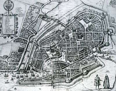 Karta över Hamburg, från "Cities of the World" av Georg Braun und Franz Hogenberg