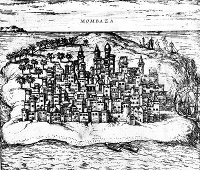 Vy över Mombaza, från Georg Brauns Civitates orbis terrarum, publicerad 1572 gravyrdetalj av 483404 av Georg Braun und Franz Hogenberg