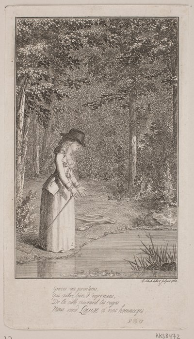En ung dam står i en skog vid vattenbrynet av Georg Christian Schule