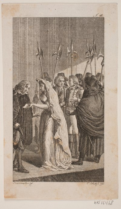 Illustration av en ung dam som ger ett brev till en äldre man. I bakgrunden två herrar omgivna av stadsvakter av Georg Christian Schule