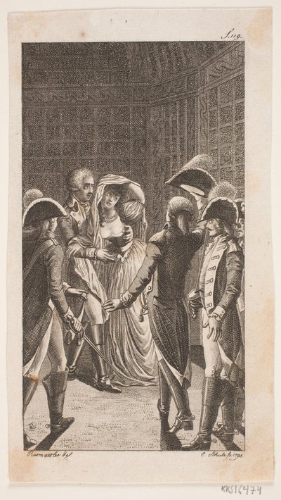 Illustration med fem militärer och en dam av Georg Christian Schule