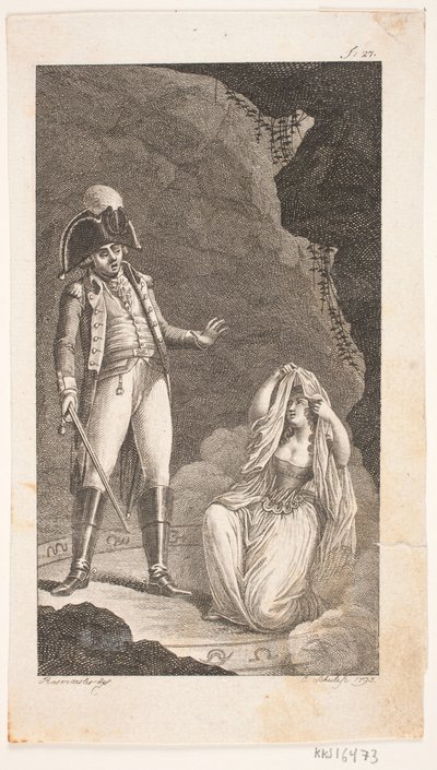 Illustration med officer och knästående dam av Georg Christian Schule