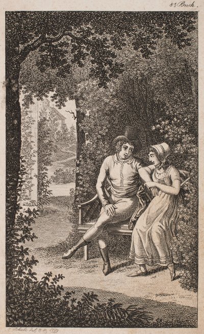 Illustration med ett par på en bänk i en trädgård av Georg Christian Schule
