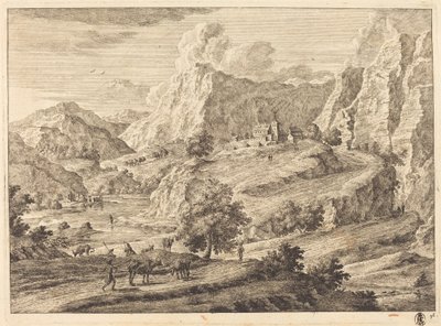 Bergigt landskap med figurer och ett kloster av Georg Eisenmann