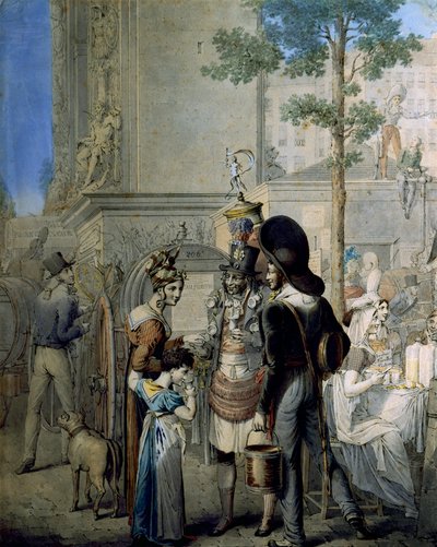 Kokosnötshandlaren Porte Saint Denis i Paris. Gammal köpman som säljer kokosnötsmuggar på gatorna i Paris. Teckning av tysken George Emanuel Opitz (1775-1841), Paris. Carnavalet Museum av Georg Emanuel Opitz